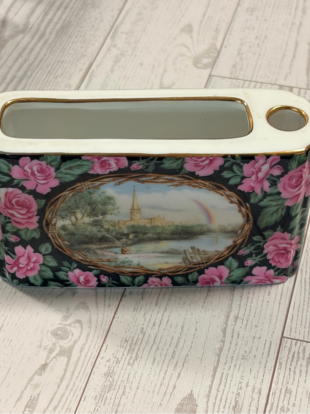 Neiman Marcus Floral Porcelain desk pen holder cottage core roses Japan gold